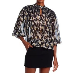 AQUA Floral Smocked Mock Neck Blouse Black Sheer‎ Long Sleeve Top Women's